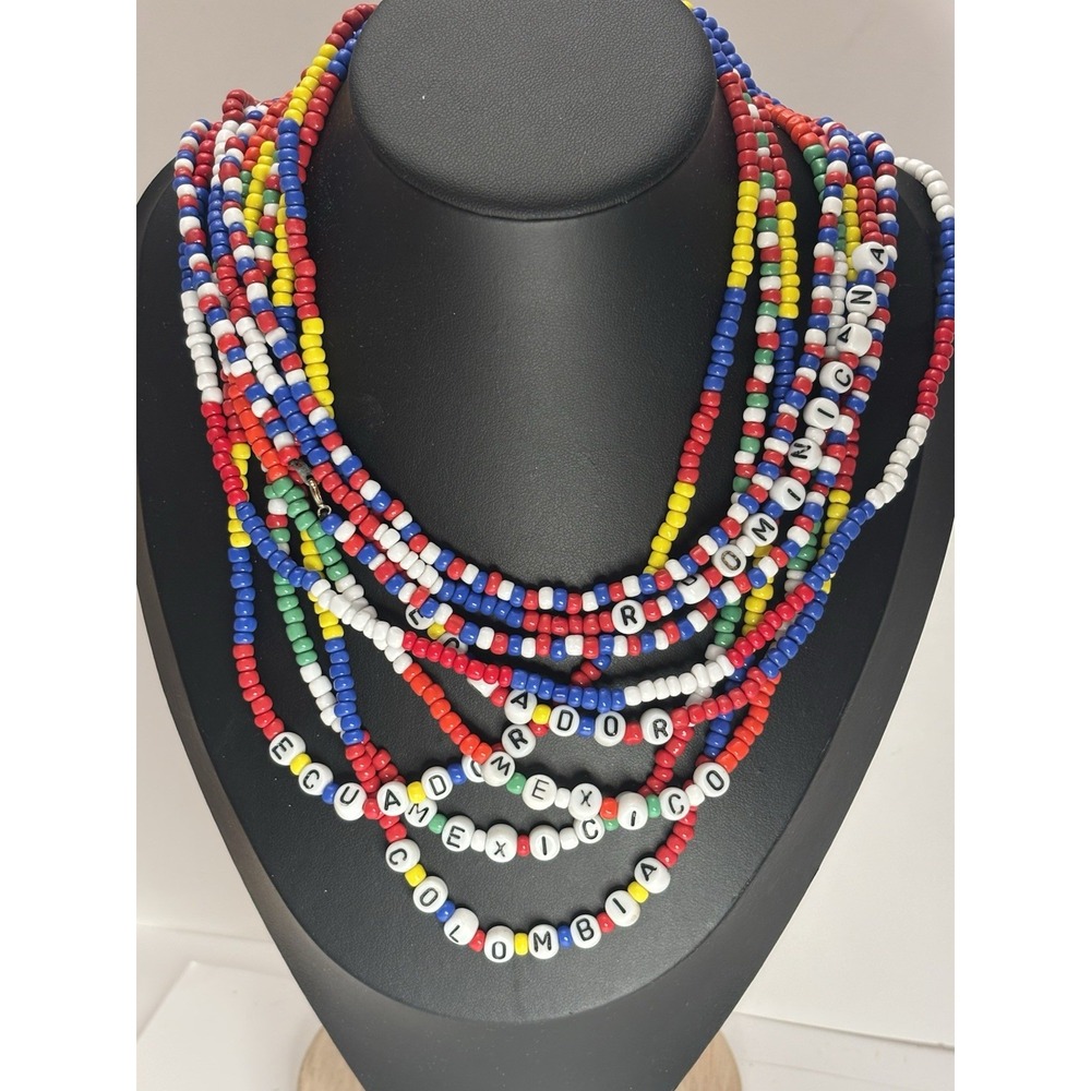 Vintage Lot 9 Glass Seed Bead Souvenir Necklaces Country Names 19"
